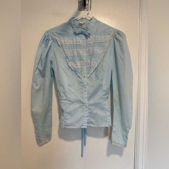 unknown Tops - VTG 70s Blue Prairie Victorian Cottagecore Lace Bow Collar Blouse Puff sleeve